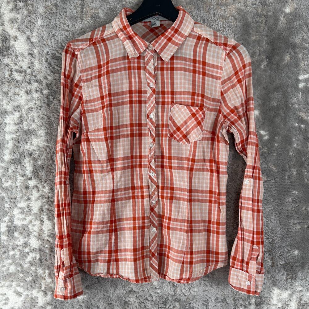 XXI Size M Plaid Cotton Button Top Salmon Long Sleeve Casual Pocket Collar